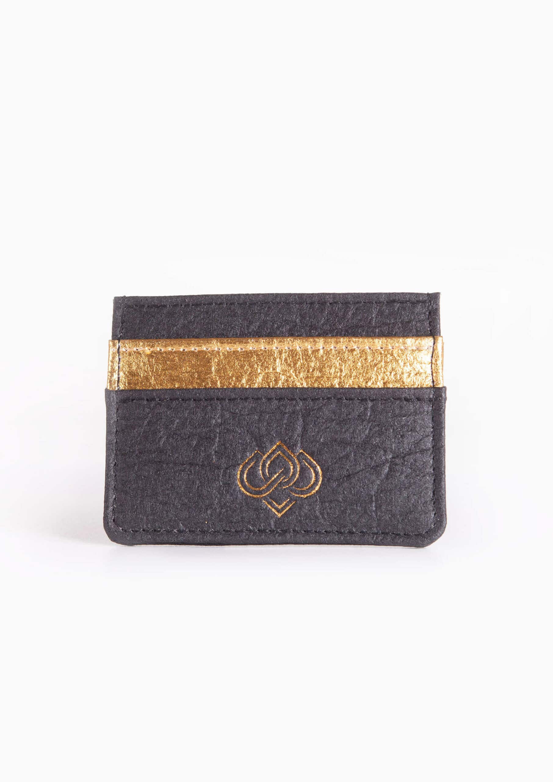 Porte carte en cuir vegan. Porte carte en cuir végétal. Porte carte en pinatex. Porte carte élégant noir et doré