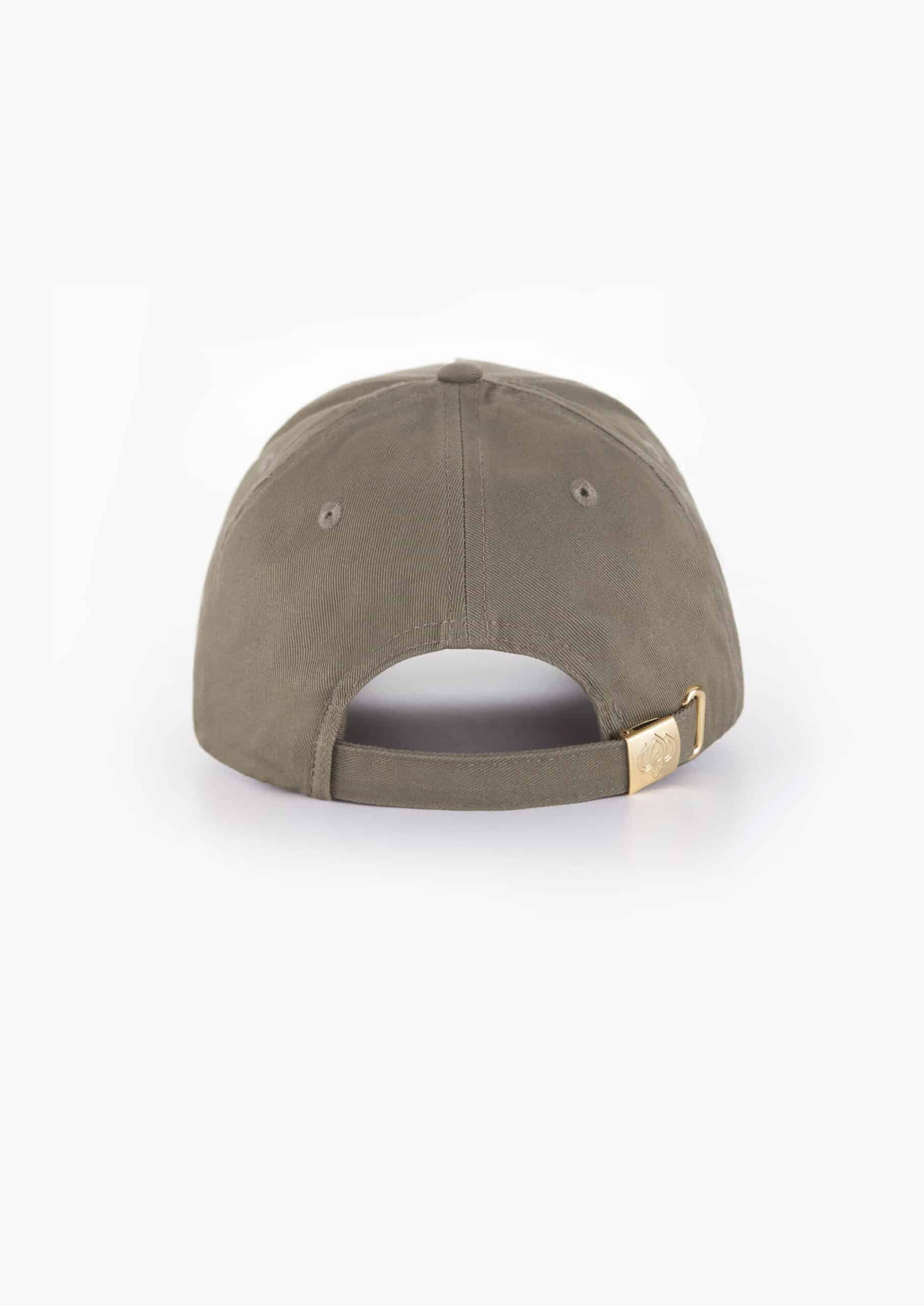 Casquette verte kaki avec logo doré. Casquette kaki et logo or. Casquette coton