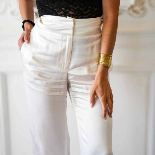 pantalon en satin blanc layonn style marque française fabriqué en italie mode responsable