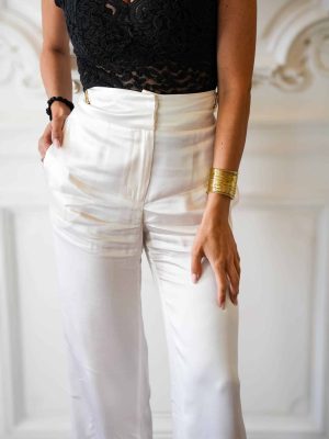 pantalon en satin blanc layonn style marque française fabriqué en italie mode responsable